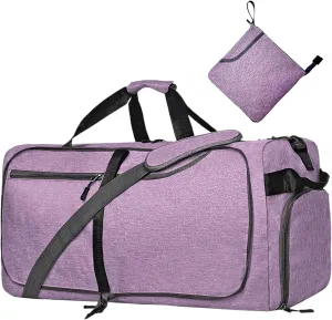 Travel Duffle Bag for Men, Large Foldable Duffel Bags for Traveling with Shoes & Wet Compartment Waterproof Weekender Gym Bag for Men Women(65LPurple)
