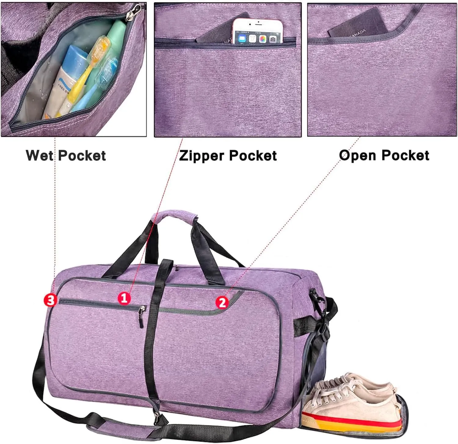 Travel Duffle Bag for Men, Large Foldable Duffel Bags for Traveling with Shoes & Wet Compartment Waterproof Weekender Gym Bag for Men Women(65LPurple)