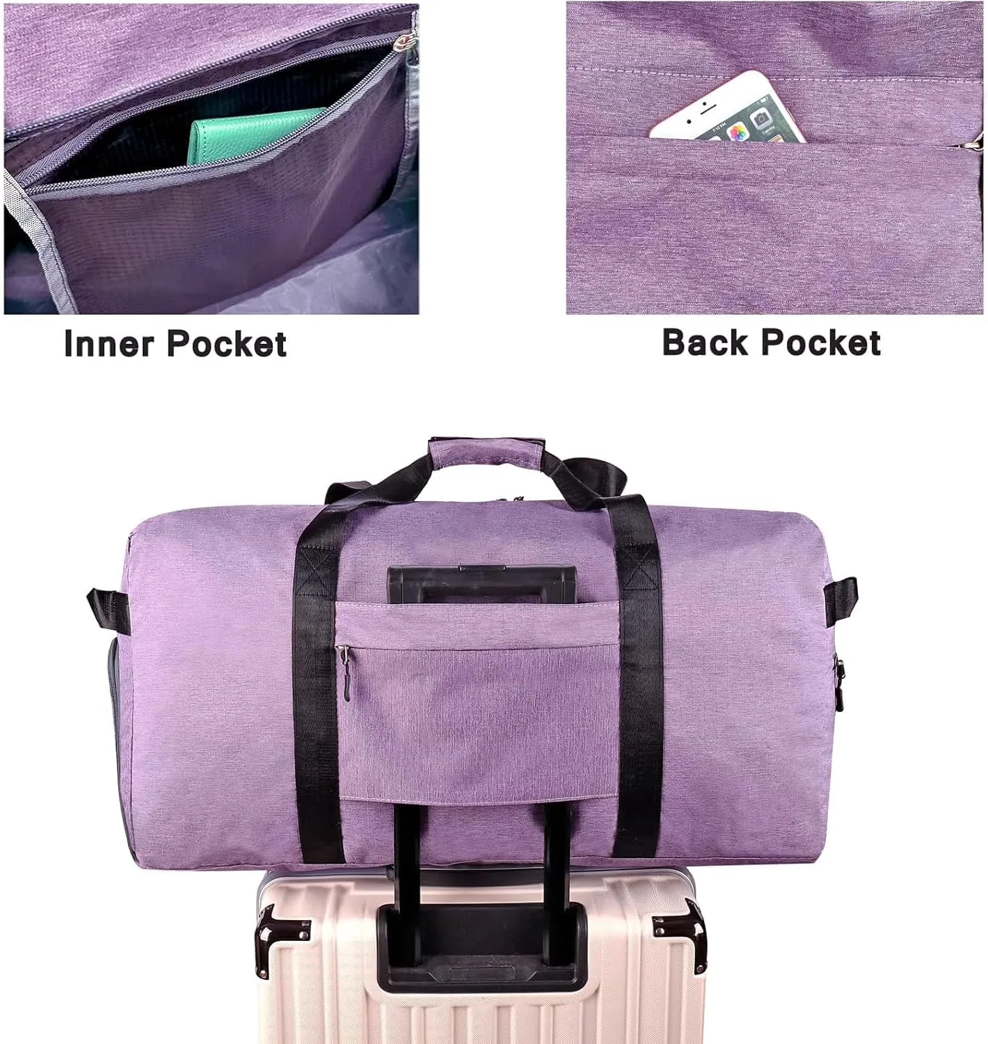 Travel Duffle Bag for Men, Large Foldable Duffel Bags for Traveling with Shoes & Wet Compartment Waterproof Weekender Gym Bag for Men Women(65LPurple)