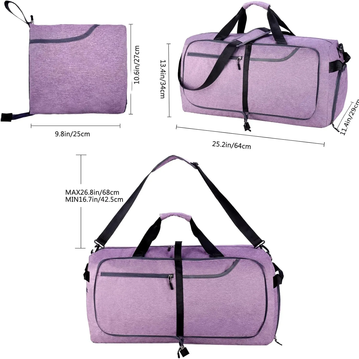 Travel Duffle Bag for Men, Large Foldable Duffel Bags for Traveling with Shoes & Wet Compartment Waterproof Weekender Gym Bag for Men Women(65LPurple)