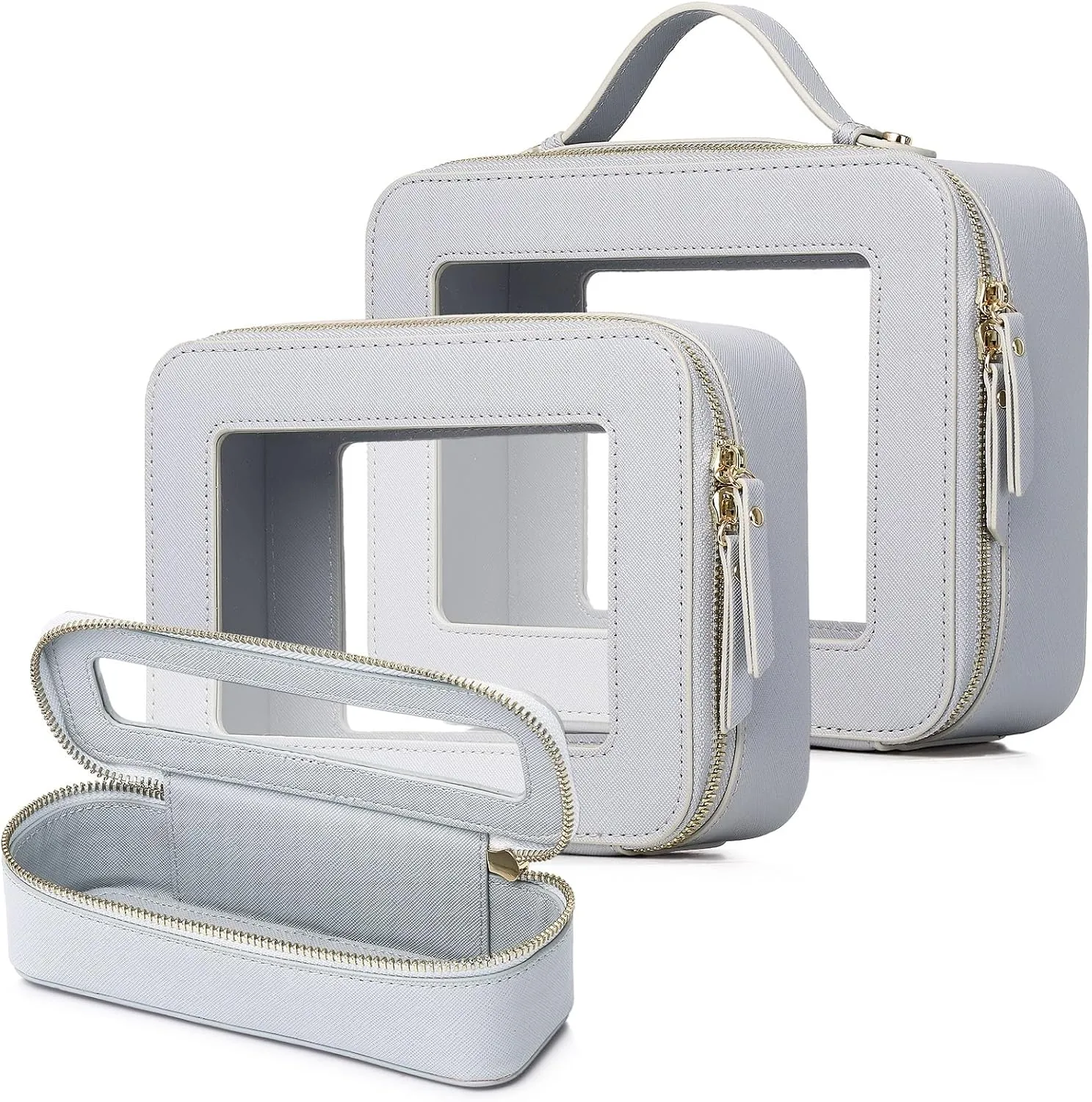 Travel Makeup Set Waterproof Transparent Cosmetic Bag and Toiletry Bag Makeup Brush case with Zipper Car Essentials for Women (Gray, L M SLIM)