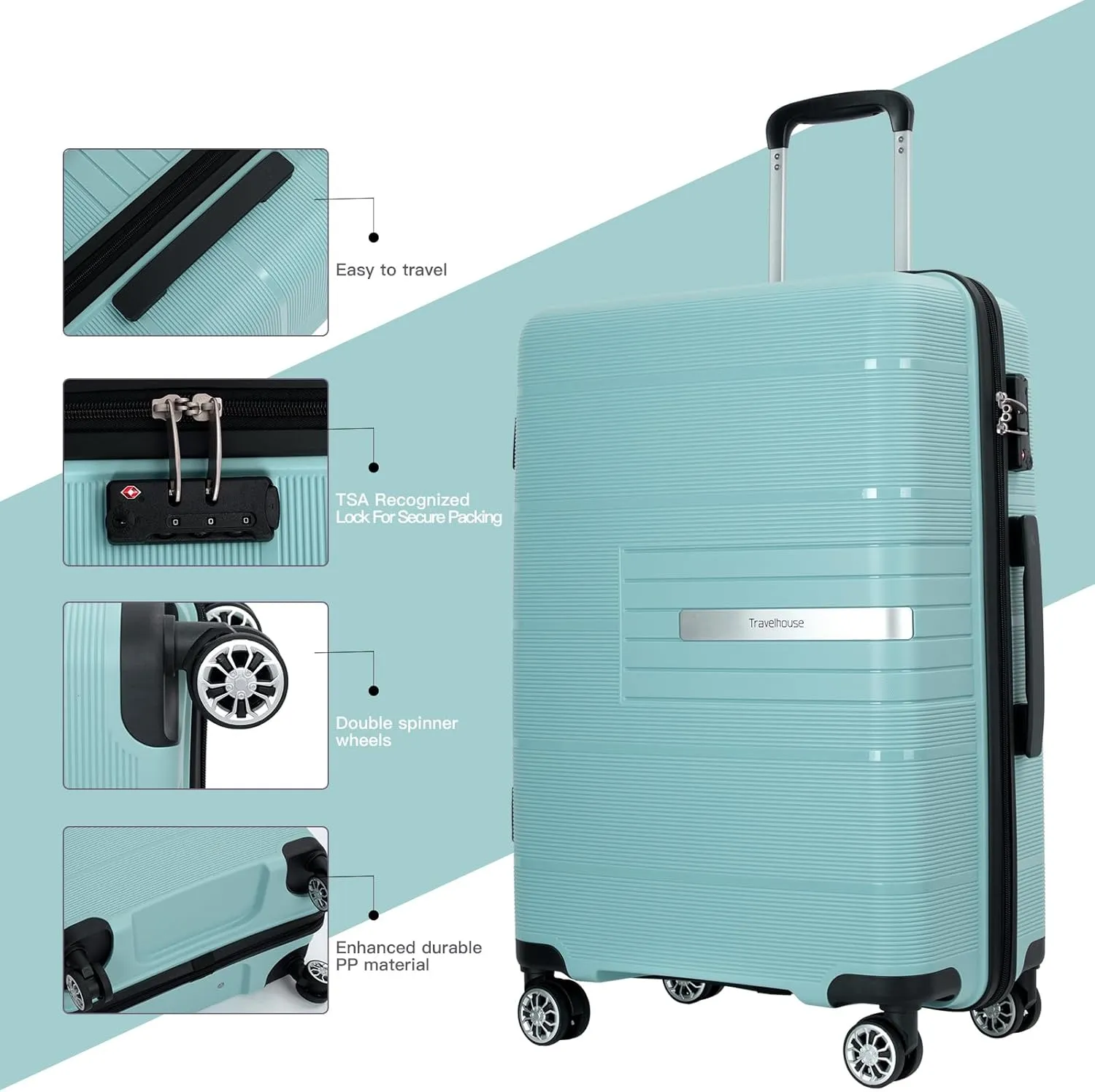 Travelhouse Hard Shell Luggage Set: Lightweight carry-on featuring spinner wheels, TSA lock, and a stylish designideal for business trips and school. (light green)