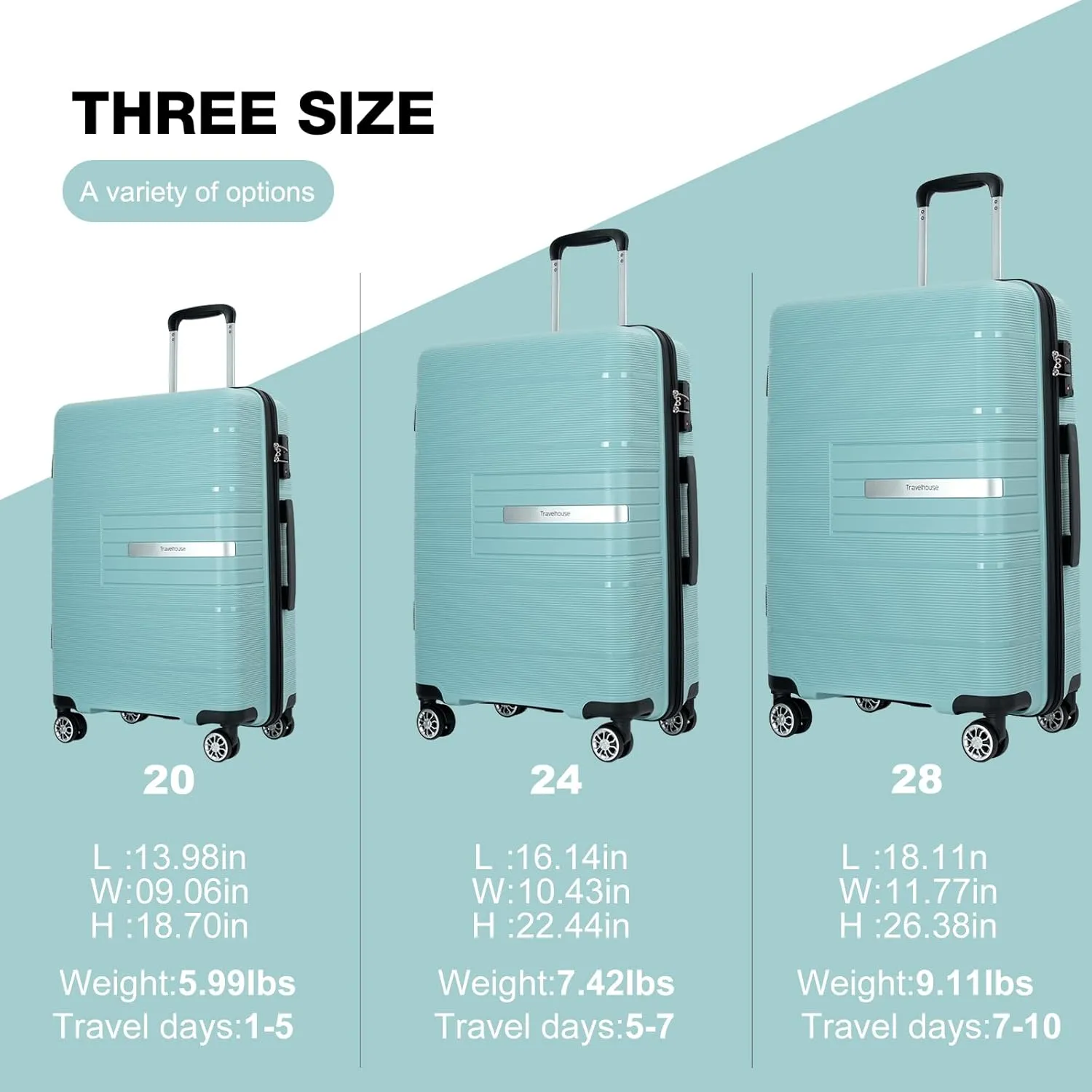 Travelhouse Hard Shell Luggage Set: Lightweight carry-on featuring spinner wheels, TSA lock, and a stylish designideal for business trips and school. (light green)