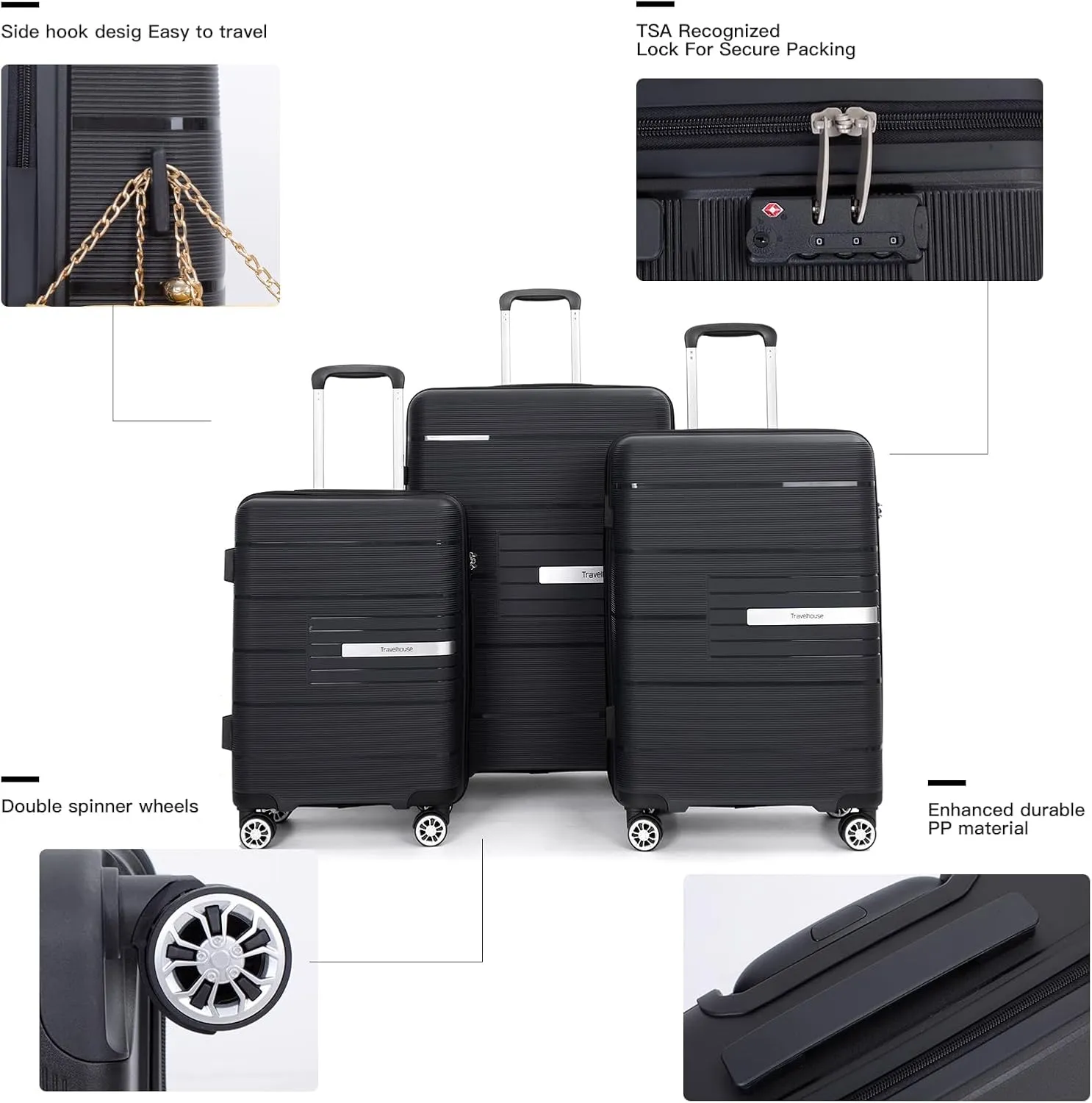 Travelhouse Hard Shell Luggage Set: Lightweight Carry-On with Spinner Wheels, TSA Lock and Cool Design - Perfect for Business Trips and School (Black)