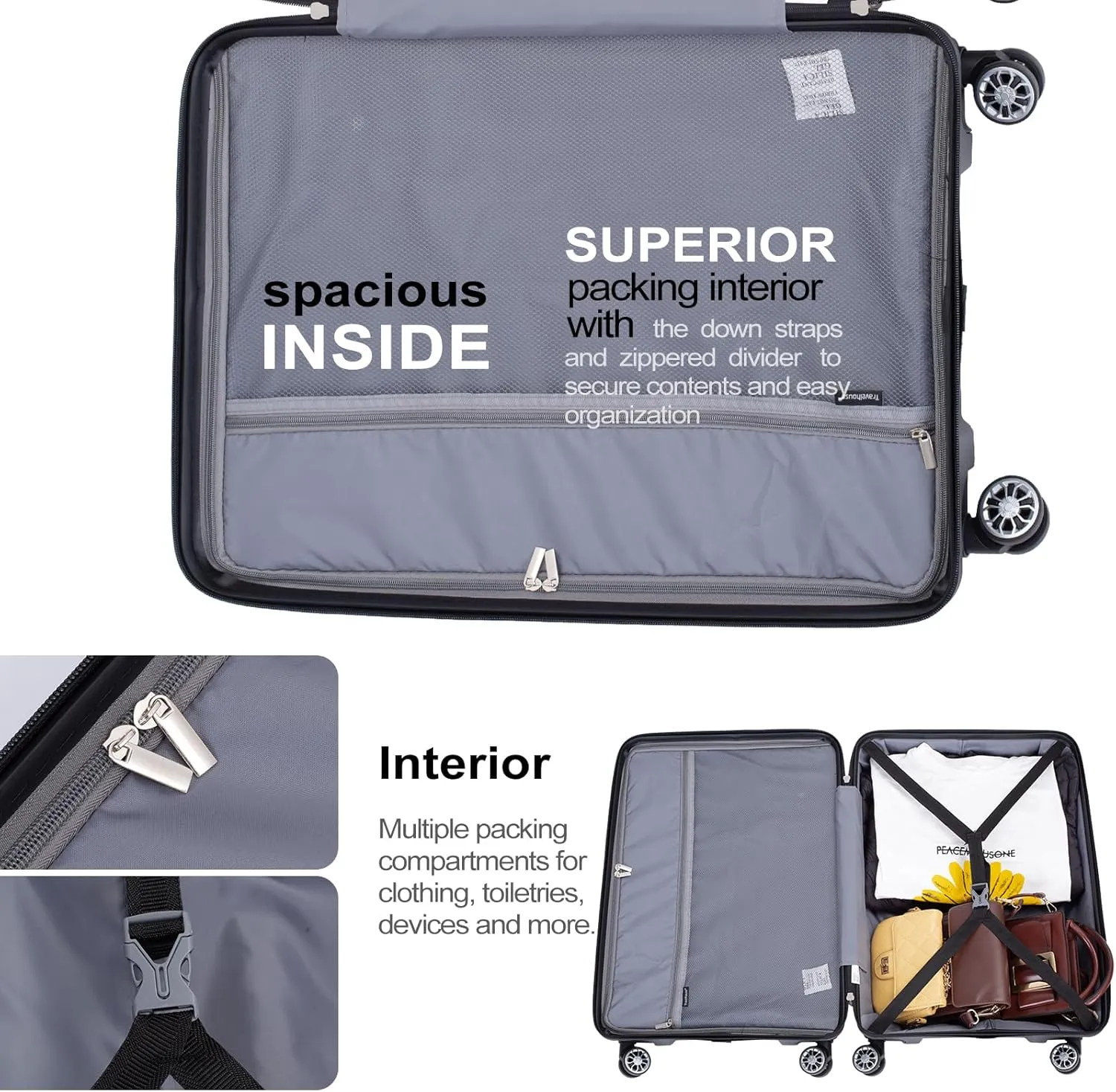 Travelhouse Hard Shell Luggage Set: Lightweight Carry-On with Spinner Wheels, TSA Lock and Cool Design - Perfect for Business Trips and School (Black)