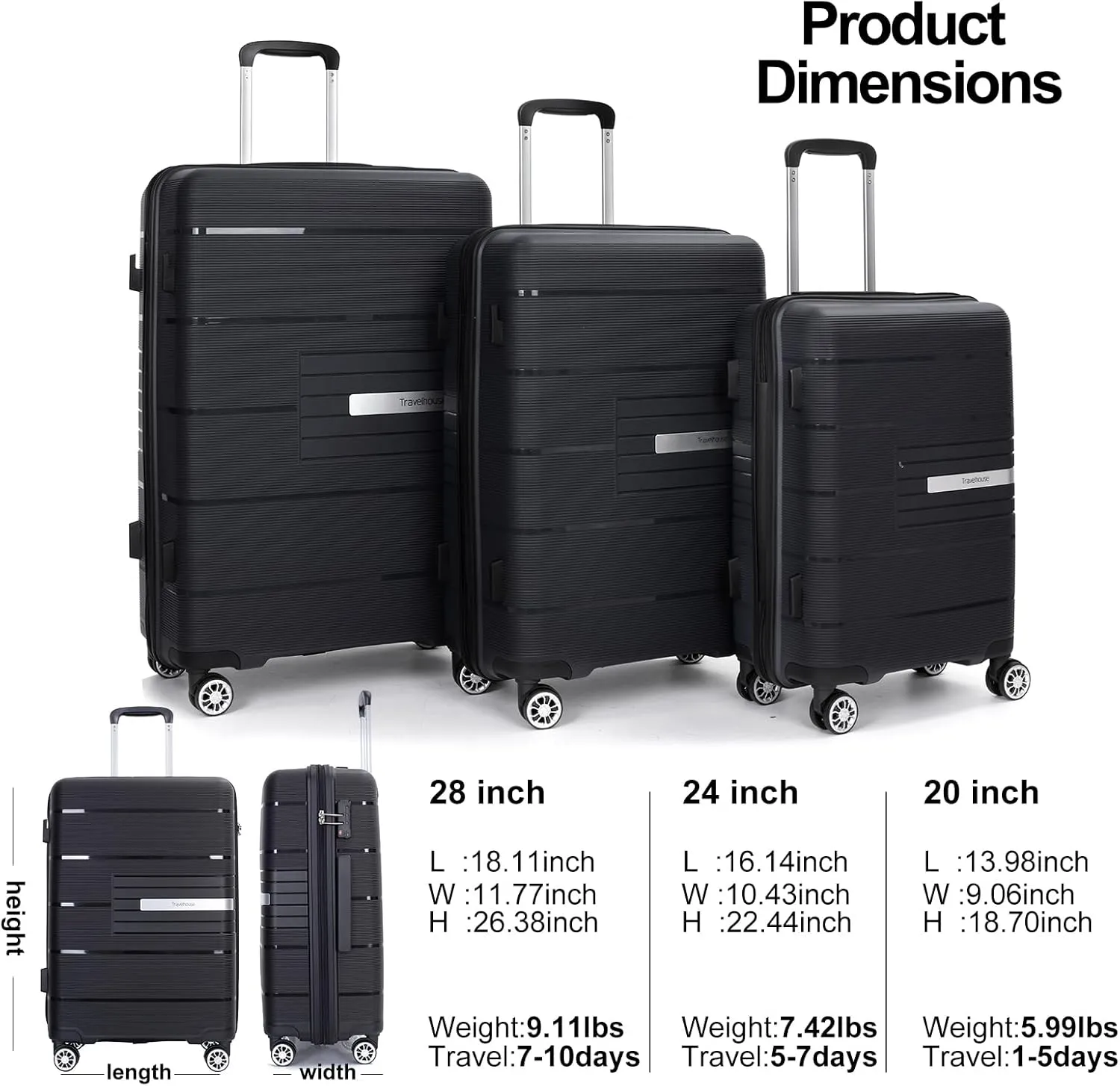 Travelhouse Hard Shell Luggage Set: Lightweight Carry-On with Spinner Wheels, TSA Lock and Cool Design - Perfect for Business Trips and School (Black)