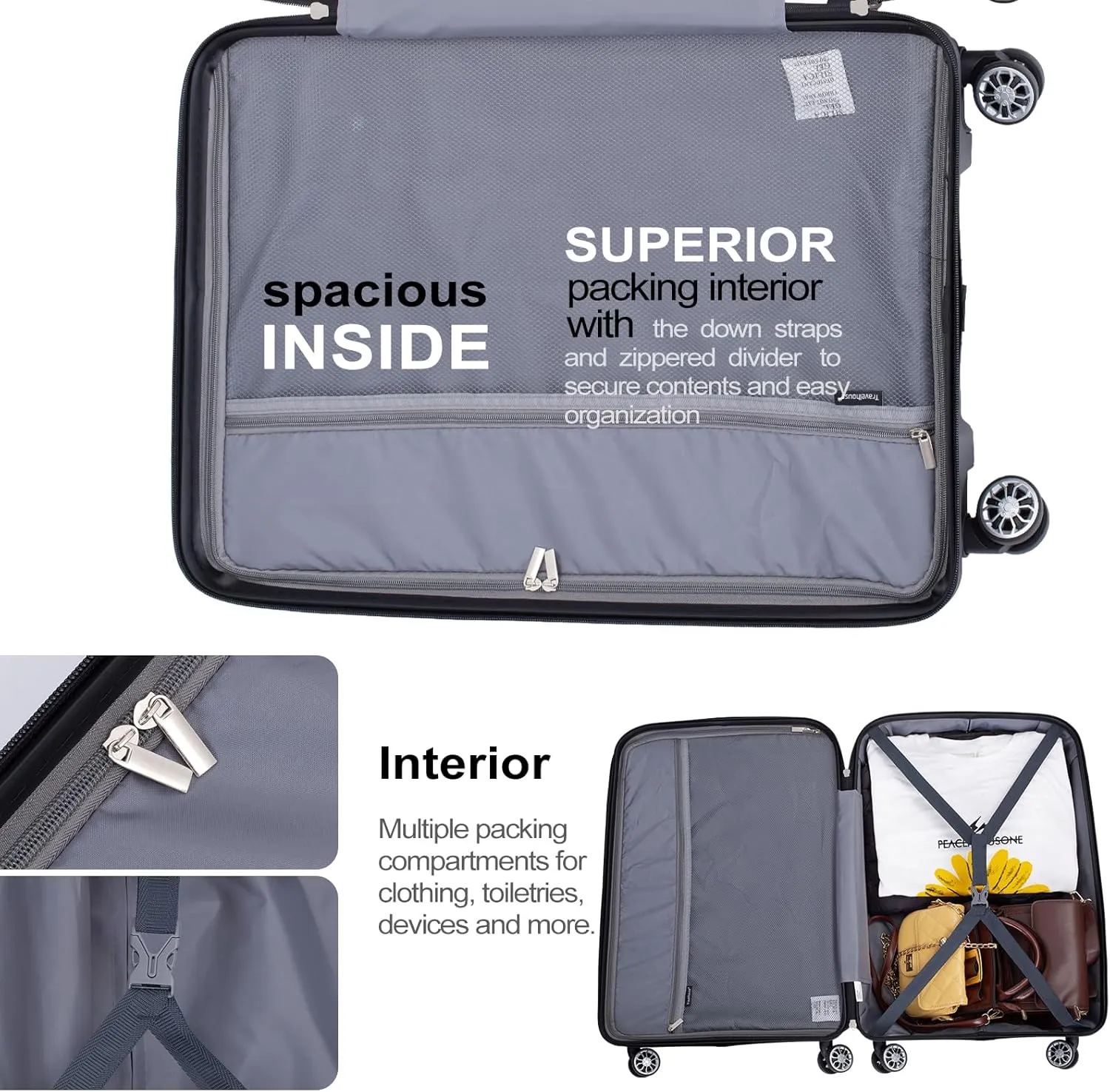 Travelhouse Hard Shell Luggage Set: Lightweight Carry-On with Spinner Wheels, TSA Lock and Cool Design - Perfect for Business Trips and School (gray)