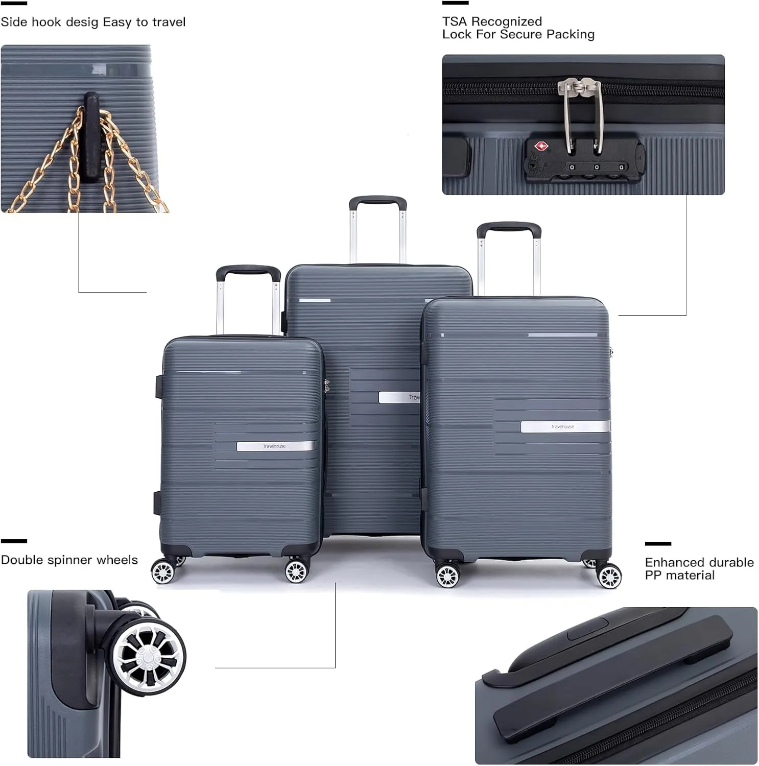 Travelhouse Hard Shell Luggage Set: Lightweight Carry-On with Spinner Wheels, TSA Lock and Cool Design - Perfect for Business Trips and School (gray)
