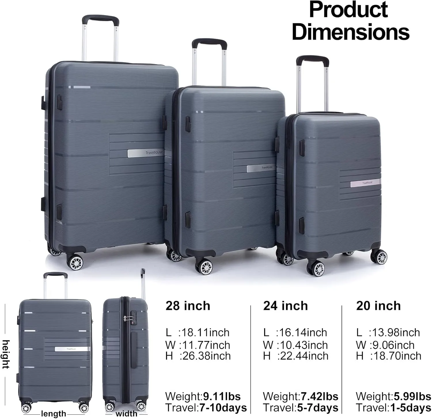 Travelhouse Hard Shell Luggage Set: Lightweight Carry-On with Spinner Wheels, TSA Lock and Cool Design - Perfect for Business Trips and School (gray)