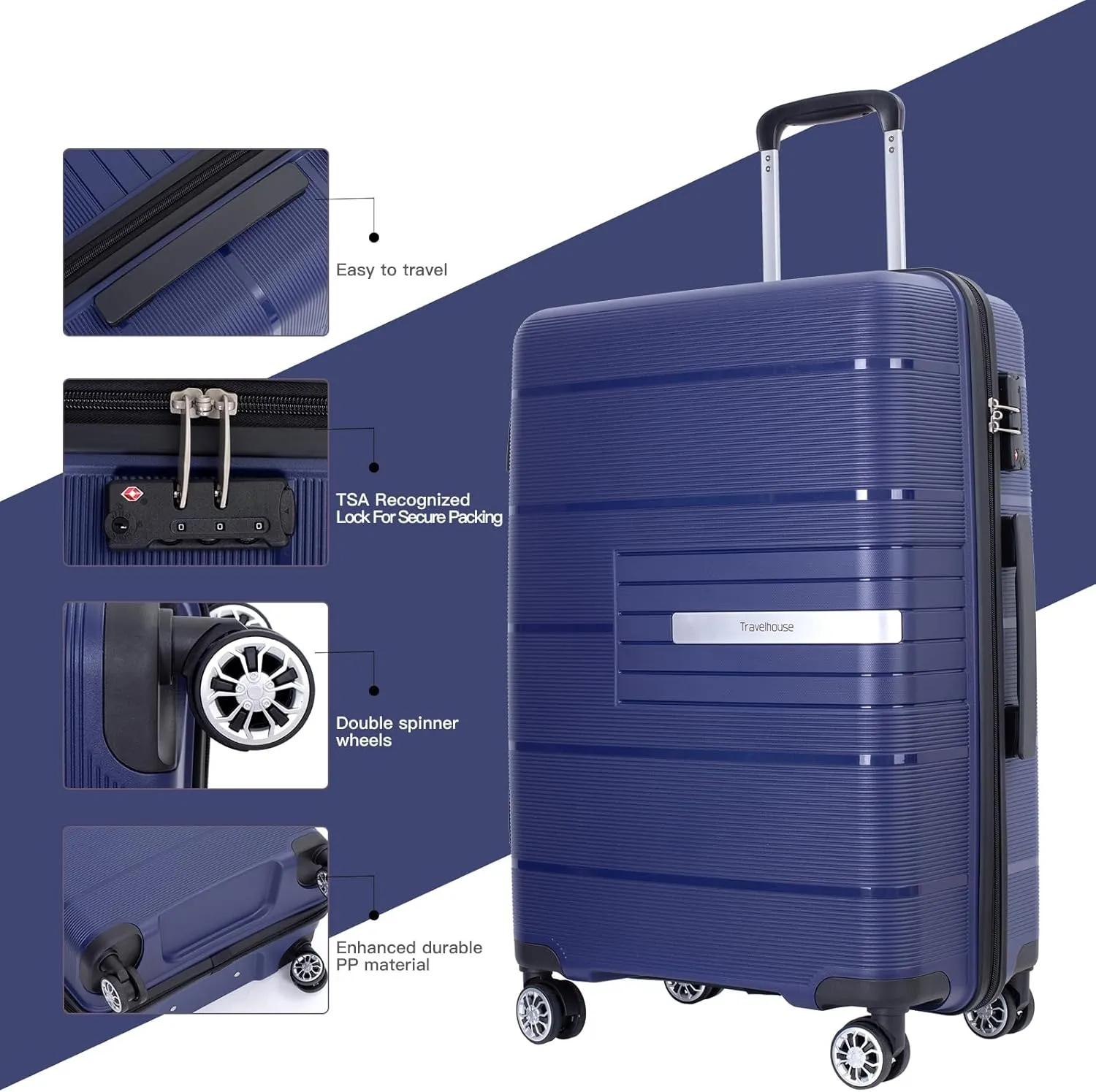 Travelhouse Hard Shell Luggage Set: Lightweight Carry-On with Spinner Wheels, TSA Lock and Cool Design - Perfect for Business Trips and School (Navy)