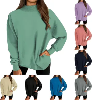 Trendy Sweatshirt for Women with Pockets Stretchy Mock Neck Tops Drop Shoulder Solid Color Pullover Hoodie Y2K