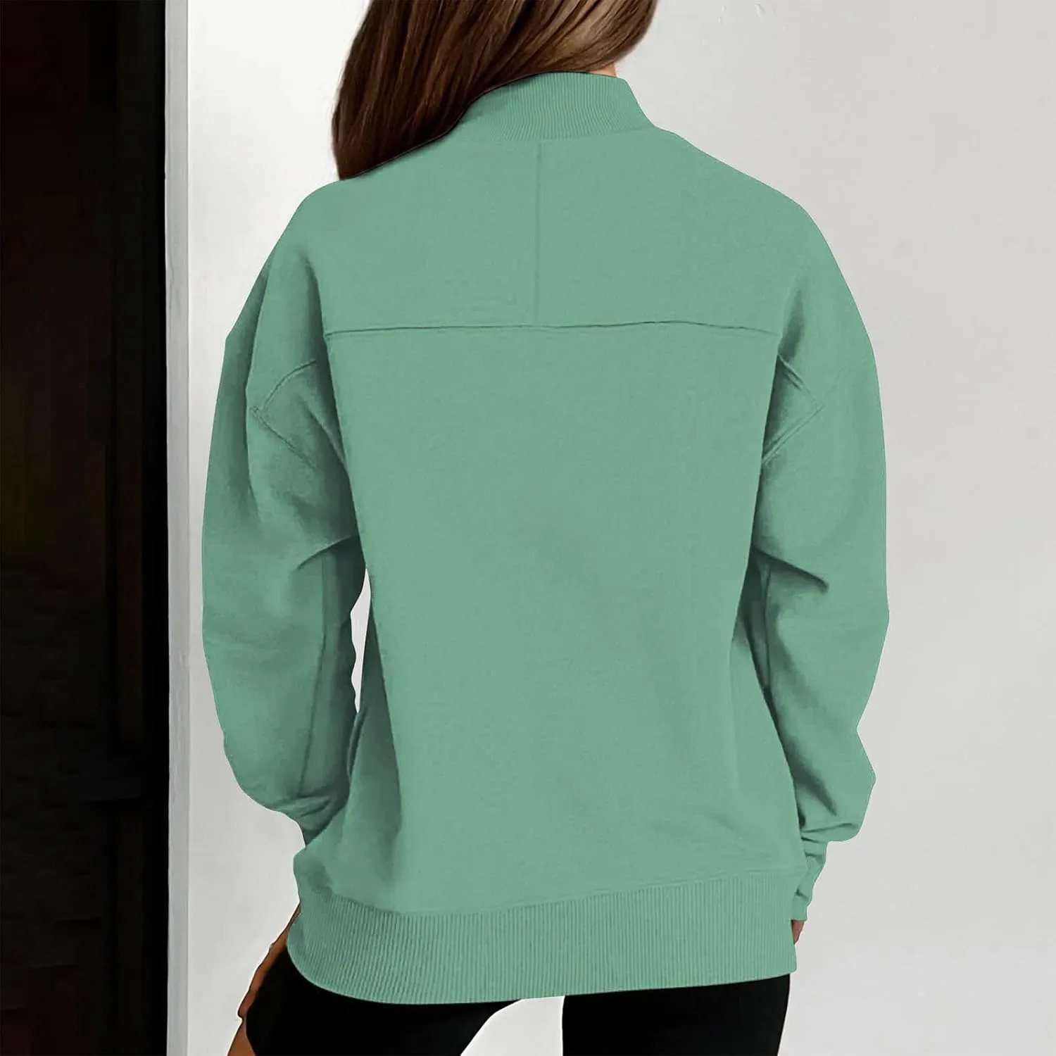 Trendy Sweatshirt for Women with Pockets Stretchy Mock Neck Tops Drop Shoulder Solid Color Pullover Hoodie Y2K