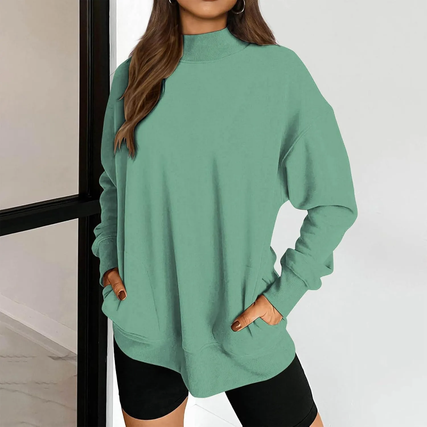 Trendy Sweatshirt for Women with Pockets Stretchy Mock Neck Tops Drop Shoulder Solid Color Pullover Hoodie Y2K