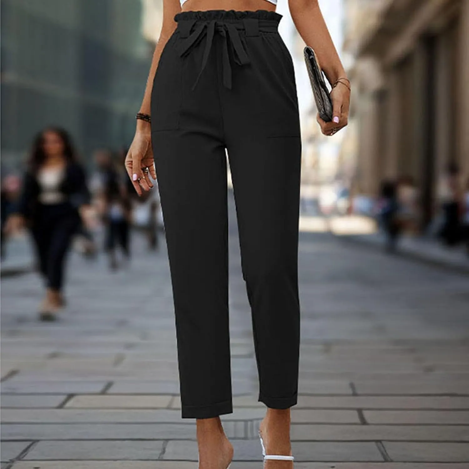 Tummy Control Work Pants for Women Business Casual Pants Drawstring Pants Relaxed Straight Trousers High Waist Pants