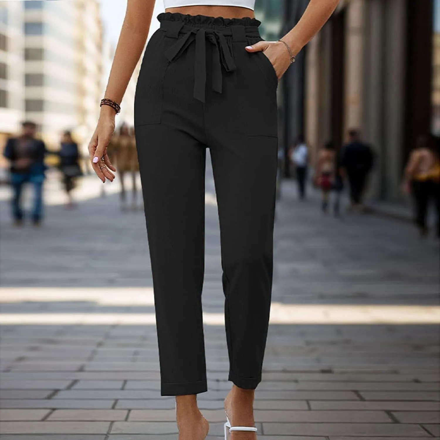 Tummy Control Work Pants for Women Business Casual Pants Drawstring Pants Relaxed Straight Trousers High Waist Pants