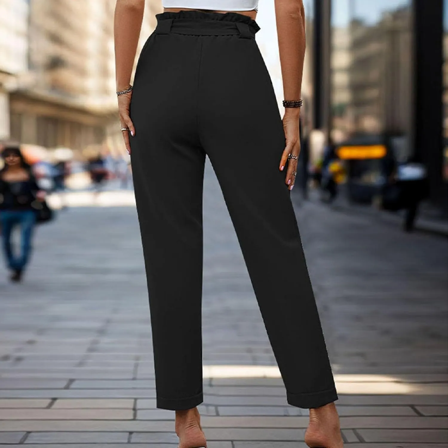 Tummy Control Work Pants for Women Business Casual Pants Drawstring Pants Relaxed Straight Trousers High Waist Pants
