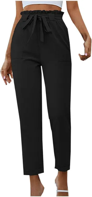 Tummy Control Work Pants for Women Business Casual Pants Drawstring Pants Relaxed Straight Trousers High Waist Pants