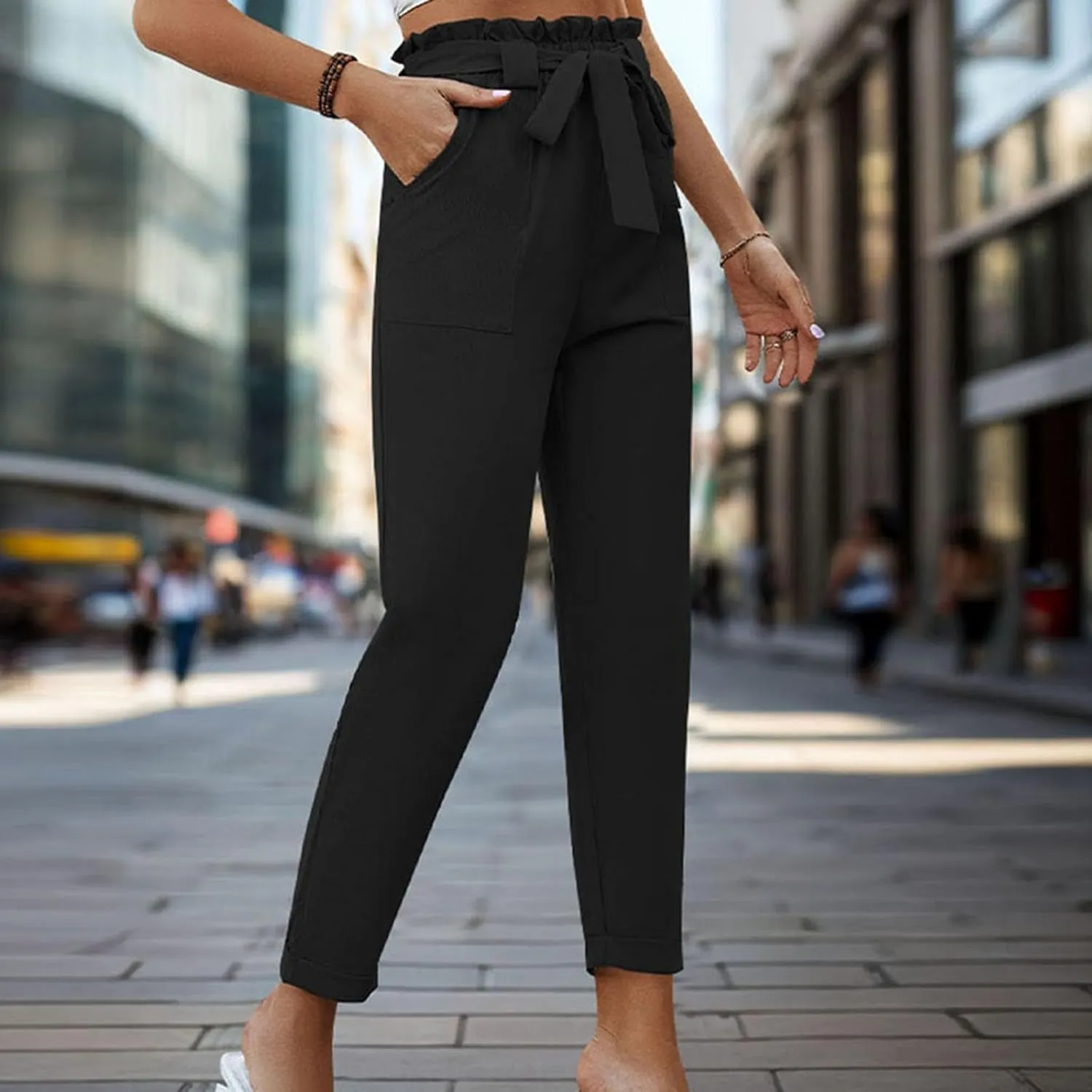 Tummy Control Work Pants for Women Business Casual Pants Drawstring Pants Relaxed Straight Trousers High Waist Pants