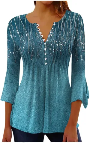 Tunic Henley Tops for Womens 2025 Trendy Boho Floral Print Tunics Shirts 3/4 Bell Sleeve Button V Neck Tshirt Blouses