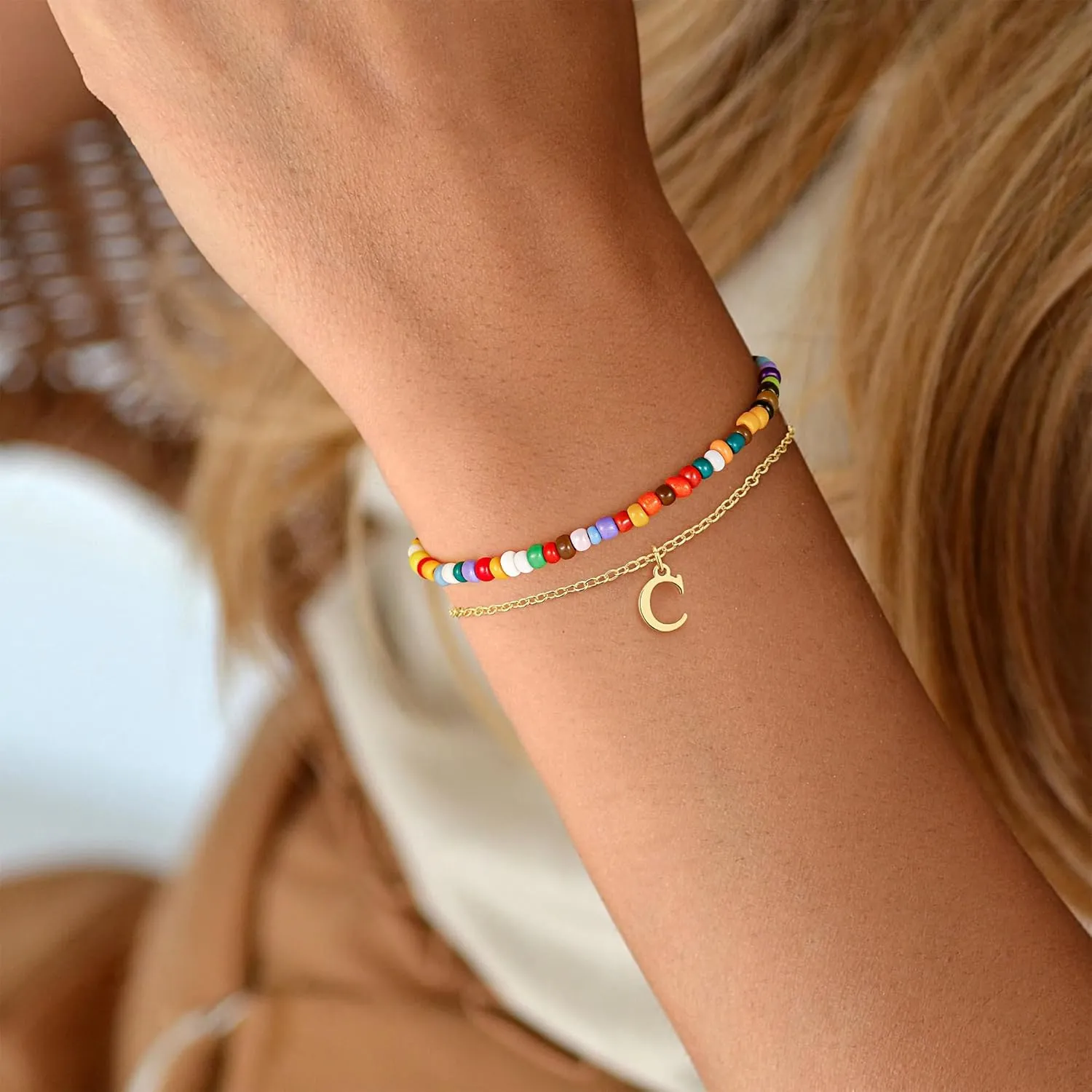Turandoss Colorful Beaded Initial Bracelets for Teen Girls Women Gifts - 18K Gold Plated Cute Initial Bracelets for Girls Jewelry Teen Girl Gifts Trendy Stuff Birthday Gifts for Girls