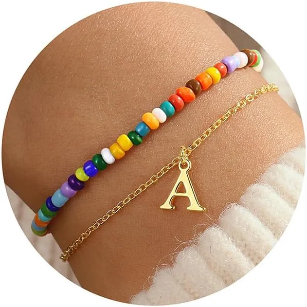 Turandoss Colorful Beaded Initial Bracelets for Teen Girls Women Gifts - 18K Gold Plated Cute Initial Bracelets for Girls Jewelry Teen Girl Gifts Trendy Stuff Birthday Gifts for Girls