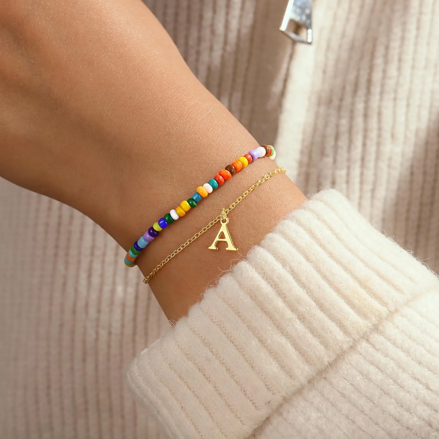 Turandoss Colorful Beaded Initial Bracelets for Teen Girls Women Gifts - 18K Gold Plated Cute Initial Bracelets for Girls Jewelry Teen Girl Gifts Trendy Stuff Birthday Gifts for Girls
