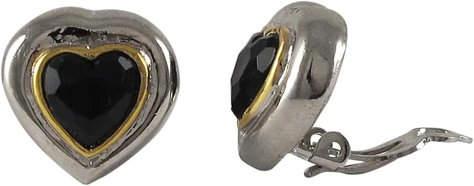 Two-tone Black Crystal Heart Clip-on Earrings