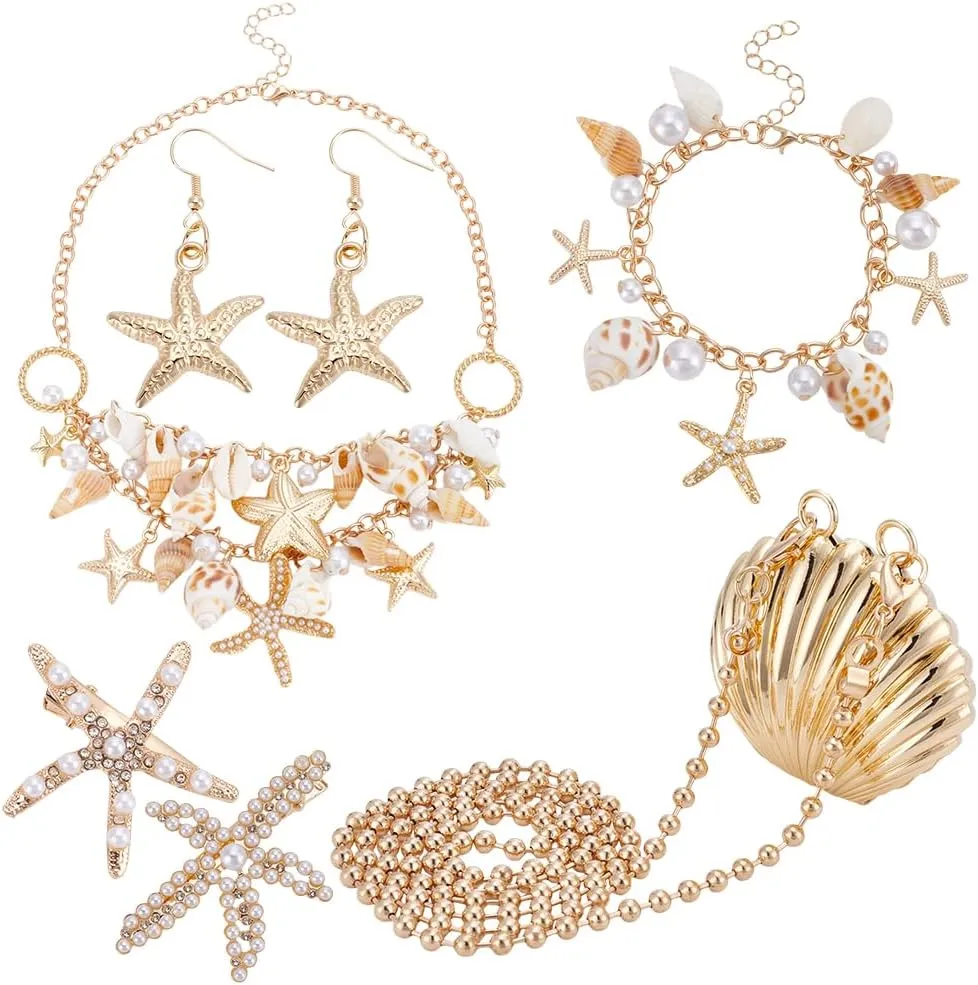 UNICRAFTALE Women Mermaid Jewelry Shell Necklace Choker Conch Starfish Pearl Necklace Bracelets Purse Seashell Summer Beach Earrings Hair Clip Costume Accessories Bohemian Jewelry for Travel