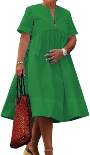 UOOZEE Women's Short Sleeve V Neck A-Line Cotton Dress Swing Flowy Beach Vacation Sundress 2025 Loose Midi Dresses