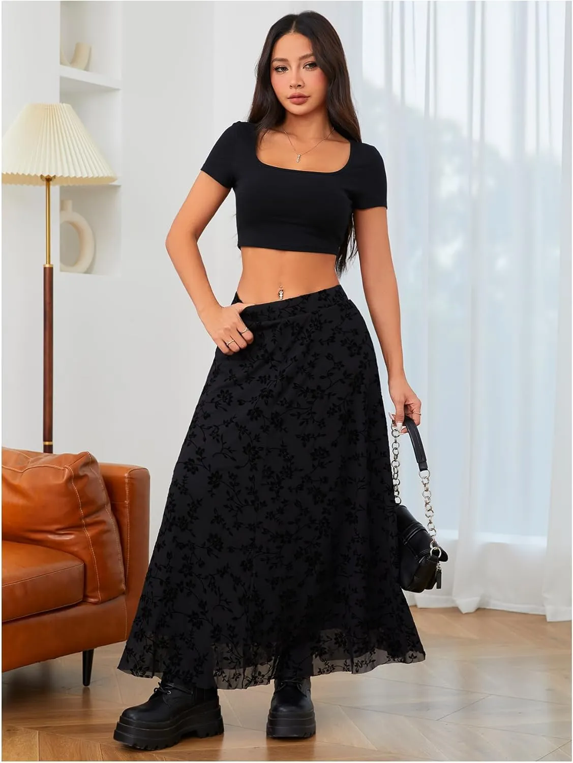 Verdusa Women's Floral Print Y2k Mesh High Waist A Line Fishtail Flowy Long Skirt