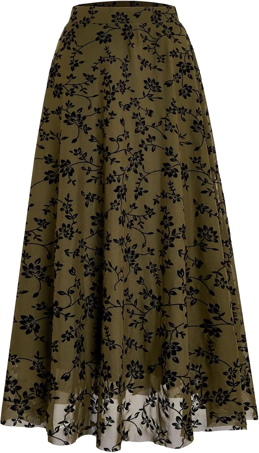 Verdusa Women's Floral Print Y2k Mesh High Waist A Line Fishtail Flowy Long Skirt