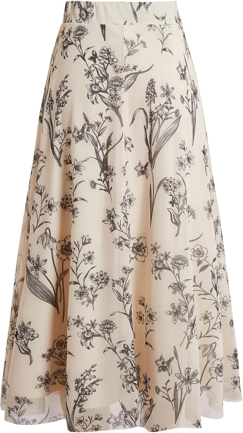 Verdusa Women's Floral Print Y2k Mesh High Waist A Line Fishtail Flowy Long Skirt