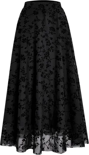 Verdusa Women's Floral Print Y2k Mesh High Waist A Line Fishtail Flowy Long Skirt