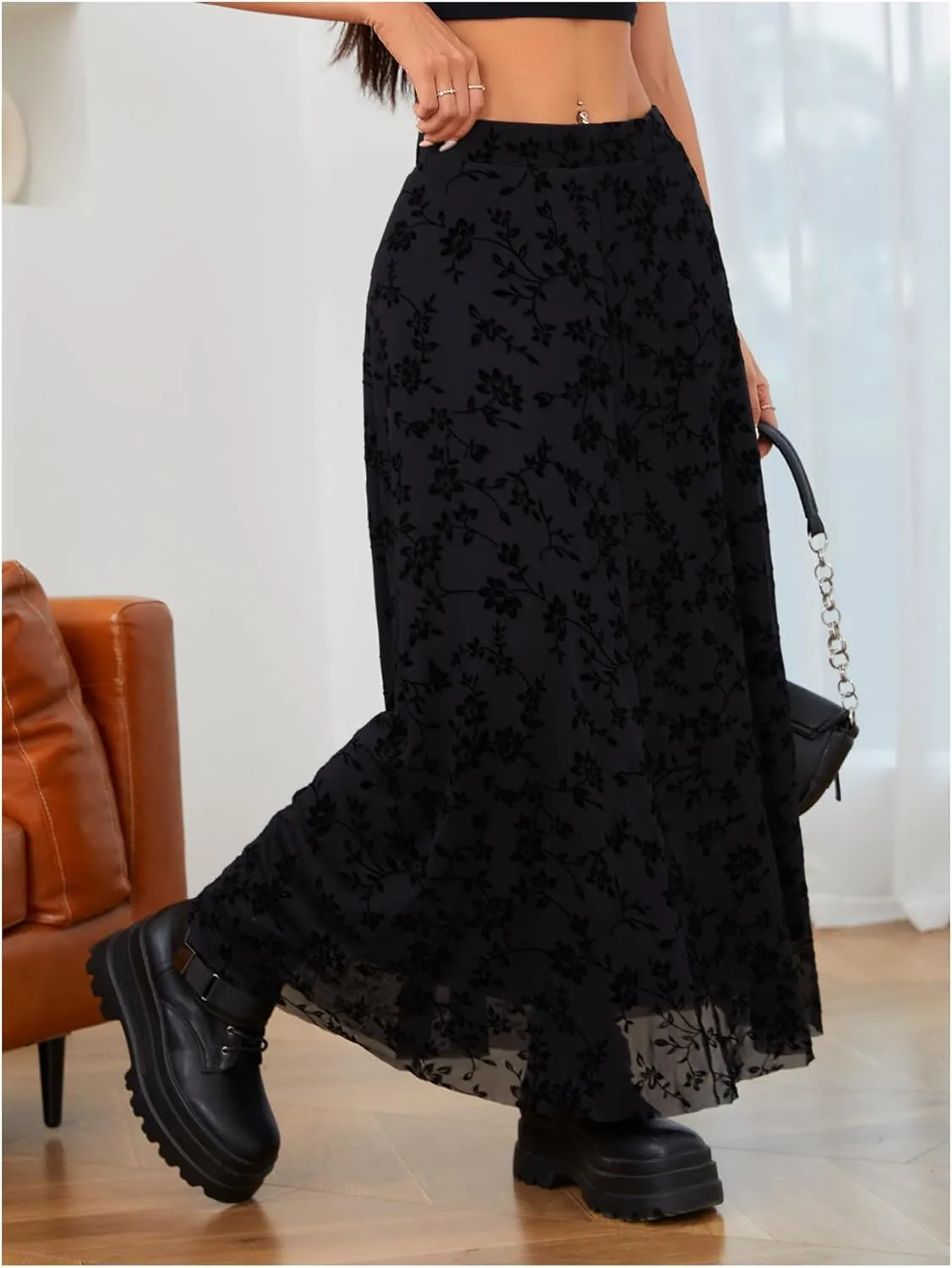 Verdusa Women's Floral Print Y2k Mesh High Waist A Line Fishtail Flowy Long Skirt