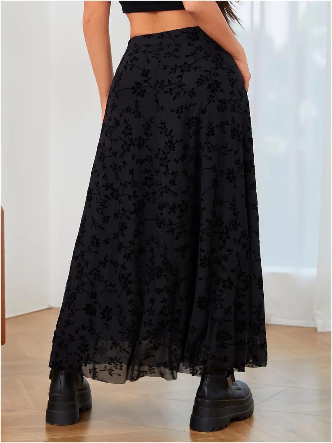 Verdusa Women's Floral Print Y2k Mesh High Waist A Line Fishtail Flowy Long Skirt