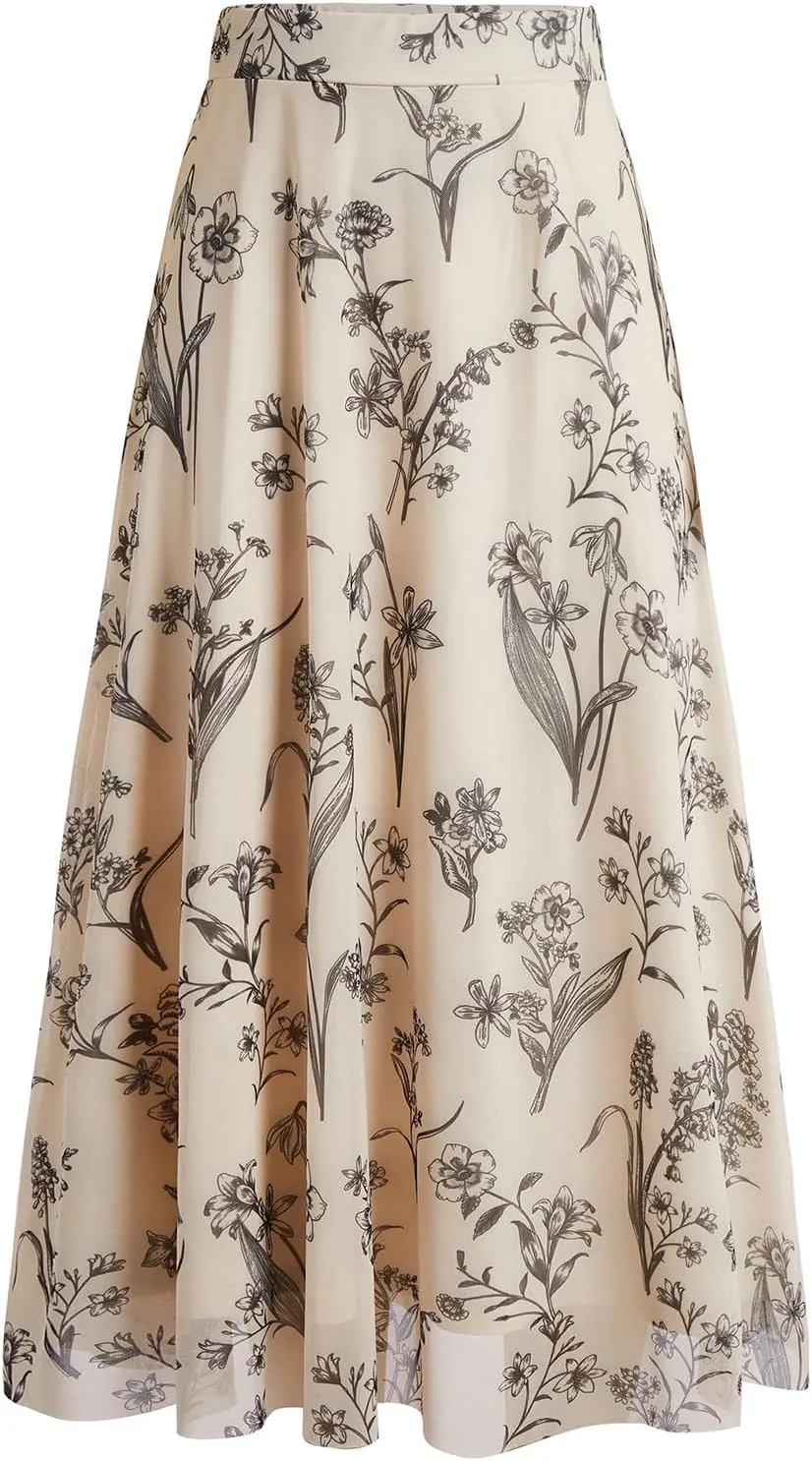 Verdusa Women's Floral Print Y2k Mesh High Waist A Line Fishtail Flowy Long Skirt