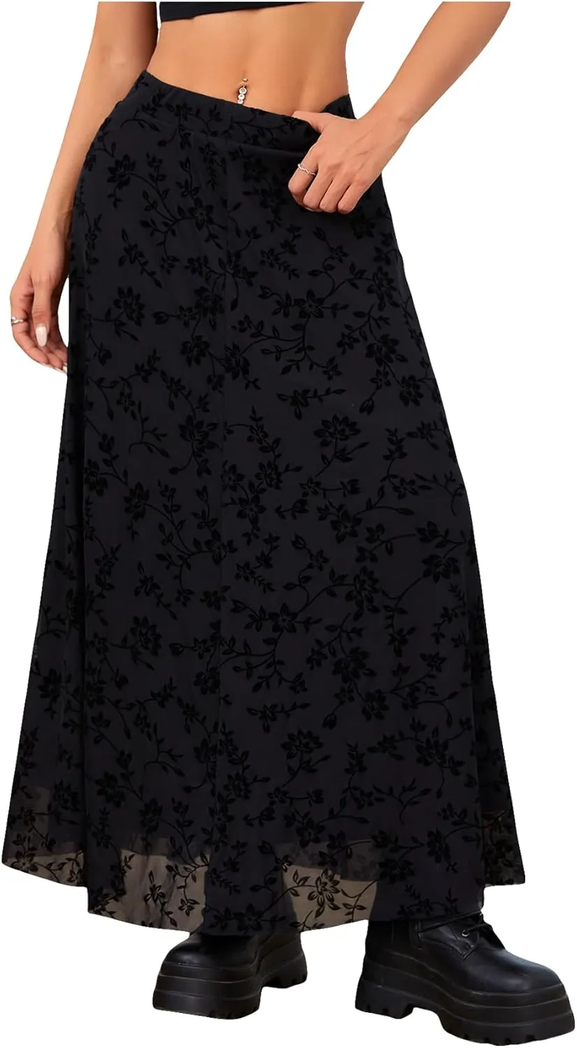 Verdusa Women's Floral Print Y2k Mesh High Waist A Line Fishtail Flowy Long Skirt