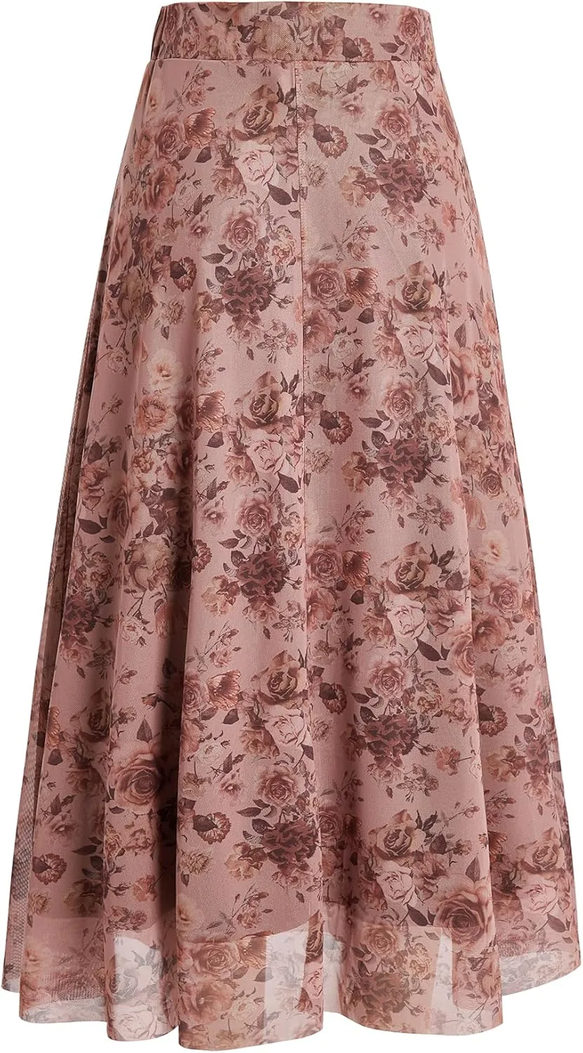 Verdusa Women's Floral Print Y2k Mesh High Waist A Line Fishtail Flowy Long Skirt