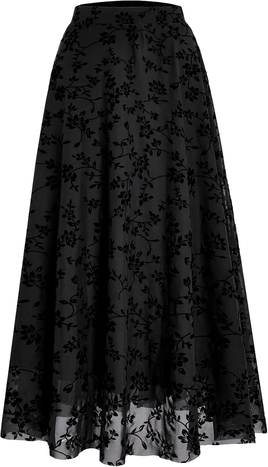 Verdusa Women's Floral Print Y2k Mesh High Waist A Line Fishtail Flowy Long Skirt