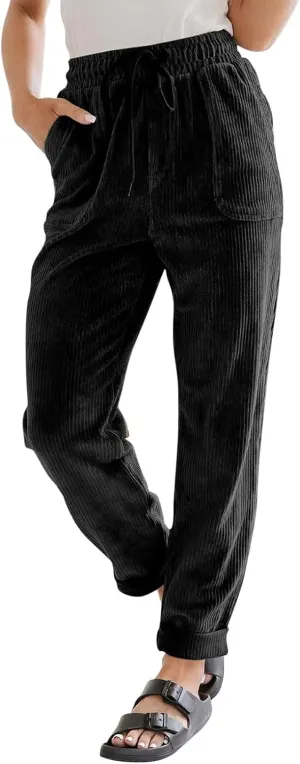 Vintage Corduroy Pants Women Baggy Drawstring Elastic Waist Pants Casual Comfy Work Pants Loose Fit Straight Leg Pants