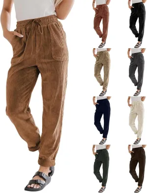 Vintage Corduroy Pants Women Baggy Drawstring Elastic Waist Pants Casual Comfy Work Pants Loose Fit Straight Leg Pants
