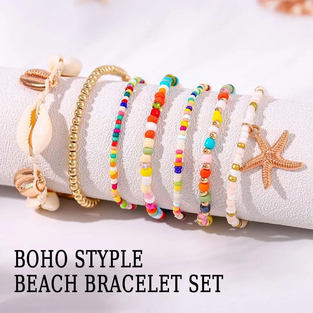 Vinzar Boho Layered Bracelet Set Summer Beach Shell Stretch Bracelets Gold Starfish Beads Surfer Bracelets for Women and Girls