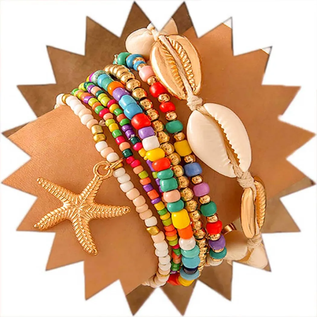 Vinzar Boho Layered Bracelet Set Summer Beach Shell Stretch Bracelets Gold Starfish Beads Surfer Bracelets for Women and Girls