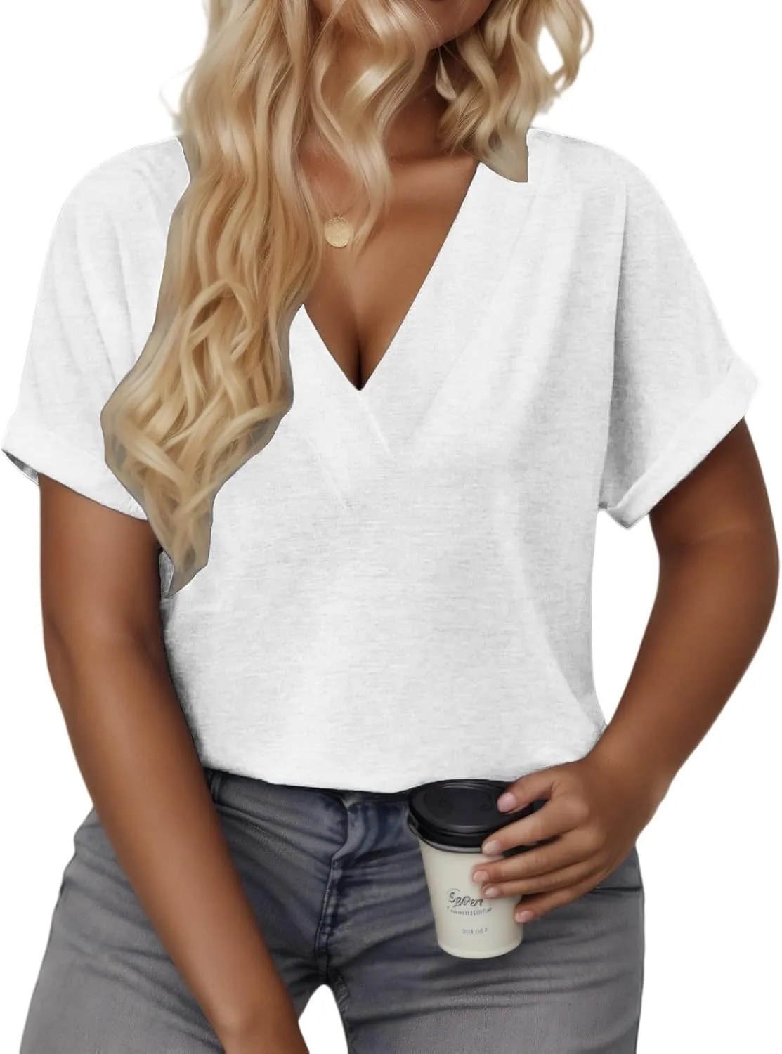 VISLILY Plus-Size-Summer-Tops for Women Casual V Neck T Shirts Trendy Loose Tees Fashion Rolled Short Sleeve Tunics XL-5XL