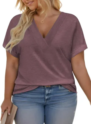 VISLILY Plus-Size-Summer-Tops for Women Casual V Neck T Shirts Trendy Loose Tees Fashion Rolled Short Sleeve Tunics XL-5XL