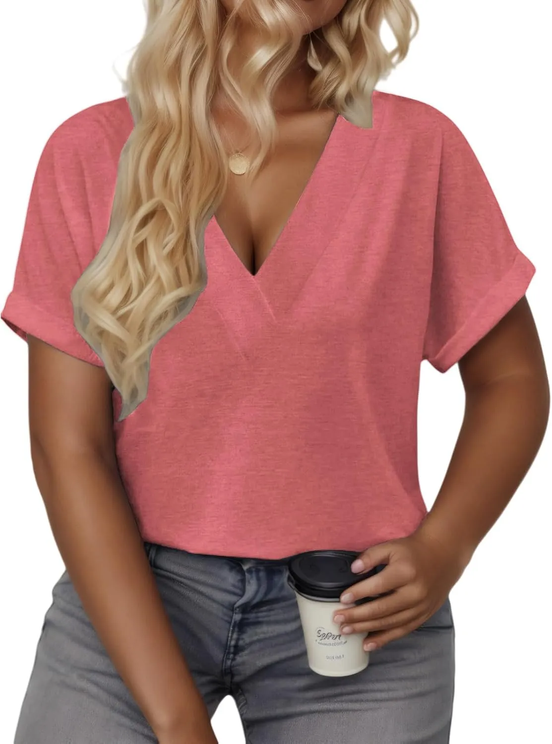VISLILY Plus-Size-Summer-Tops for Women Casual V Neck T Shirts Trendy Loose Tees Fashion Rolled Short Sleeve Tunics XL-5XL