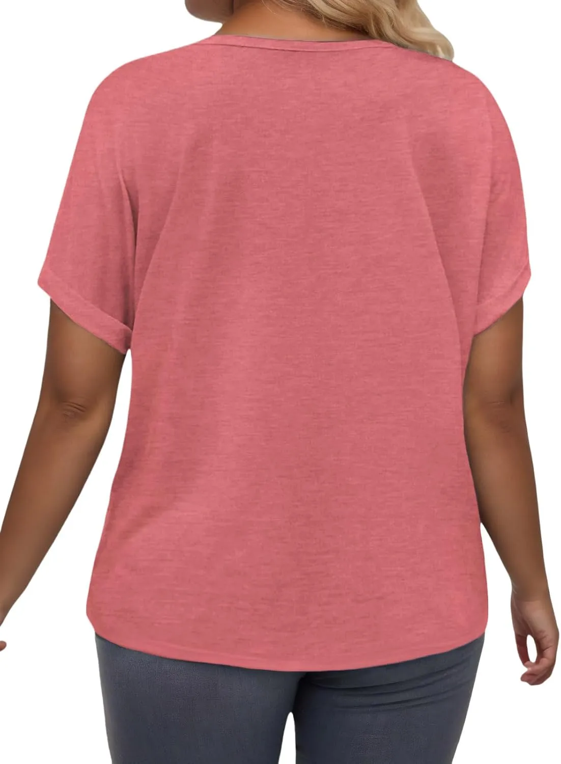 VISLILY Plus-Size-Summer-Tops for Women Casual V Neck T Shirts Trendy Loose Tees Fashion Rolled Short Sleeve Tunics XL-5XL