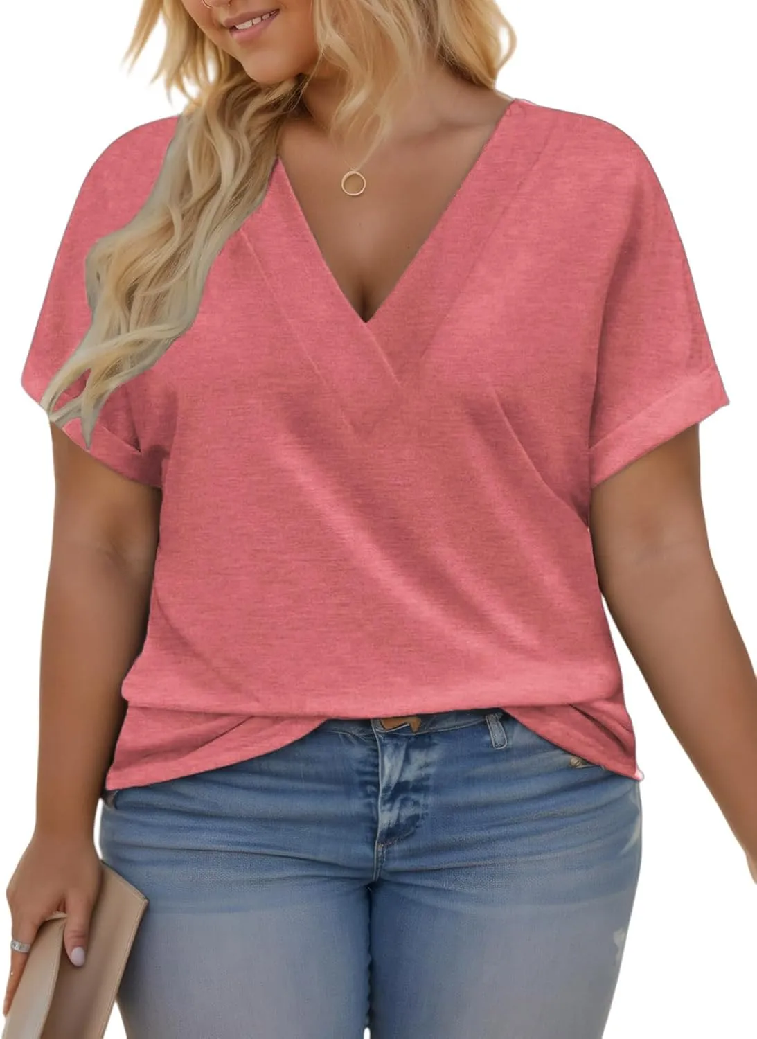 VISLILY Plus-Size-Summer-Tops for Women Casual V Neck T Shirts Trendy Loose Tees Fashion Rolled Short Sleeve Tunics XL-5XL
