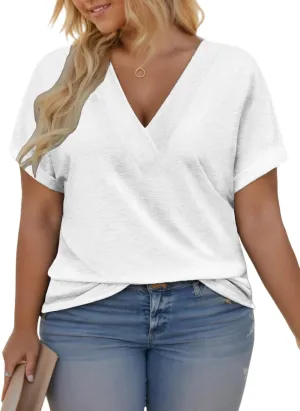 VISLILY Plus-Size-Summer-Tops for Women Casual V Neck T Shirts Trendy Loose Tees Fashion Rolled Short Sleeve Tunics XL-5XL
