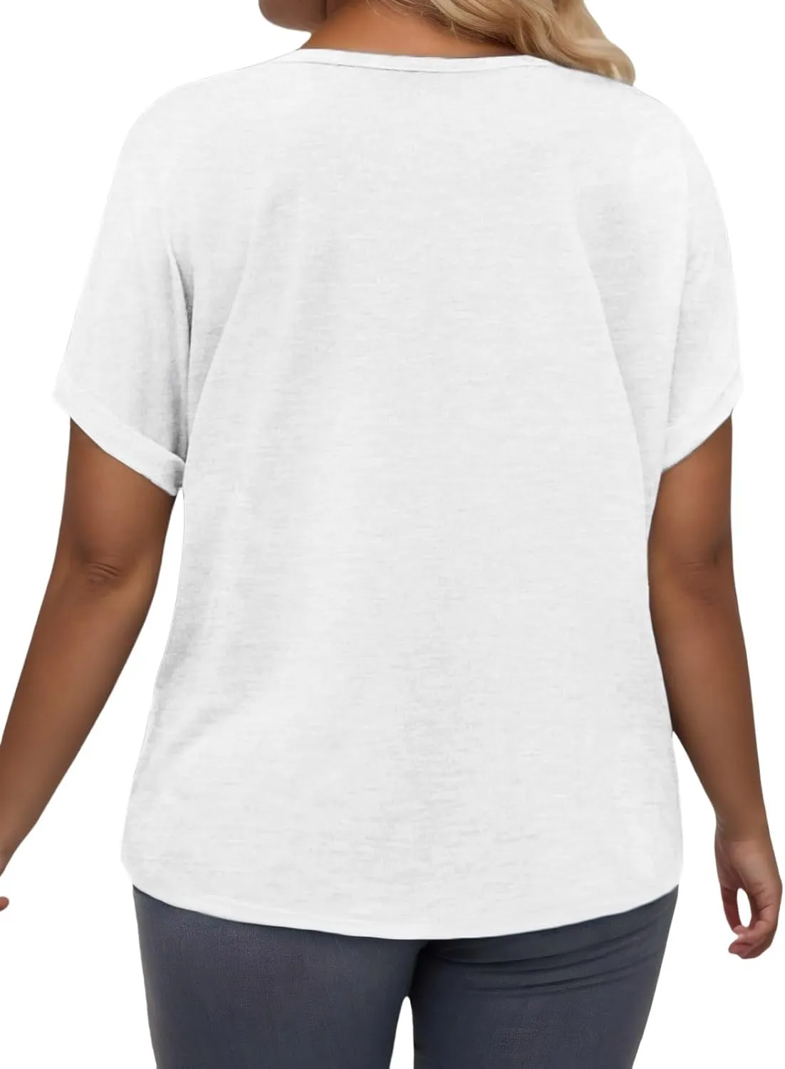 VISLILY Plus-Size-Summer-Tops for Women Casual V Neck T Shirts Trendy Loose Tees Fashion Rolled Short Sleeve Tunics XL-5XL